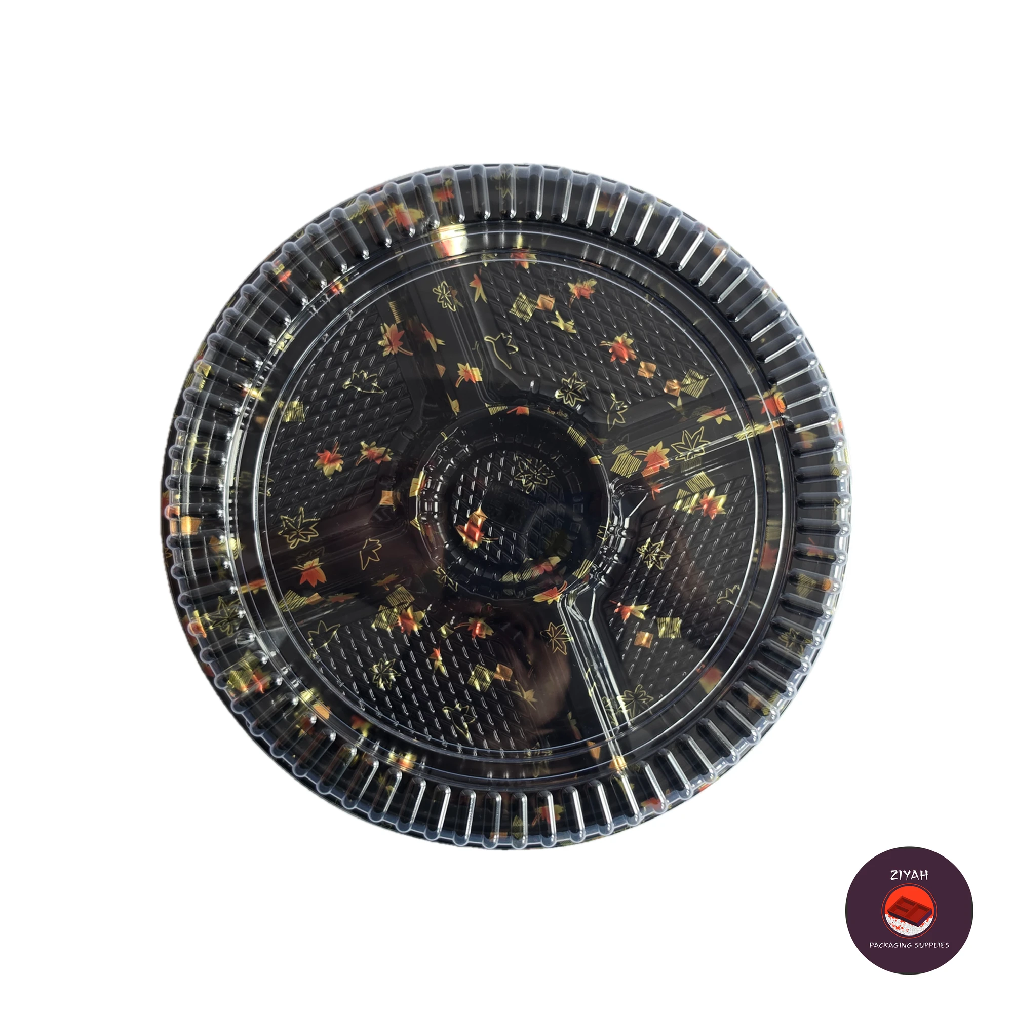 12.5" Round Sushi Tray with Division (Round Sushi Trays, size 12.5" diameter · with division · Tray H 1" · Lid H 1") — top view. Food-grade packaging for sale in the Philippines | Ziyah Packaging Supplies