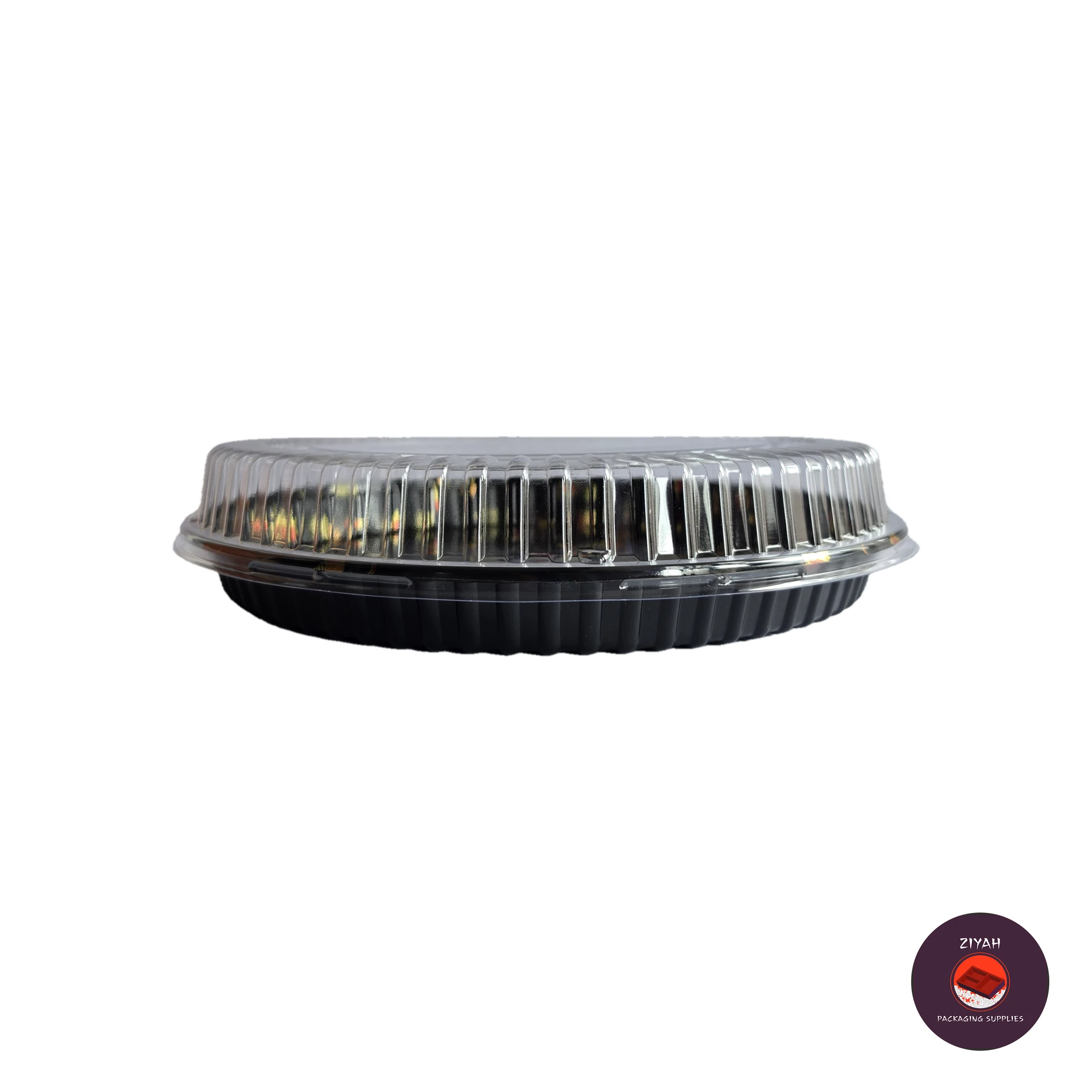 12.5" Round Sushi Tray with Lid (Round Sushi Trays, size 12.5" diameter · Tray H 1" · Lid H 1") — flat view. Food-grade packaging for sale in the Philippines | Ziyah Packaging Supplies