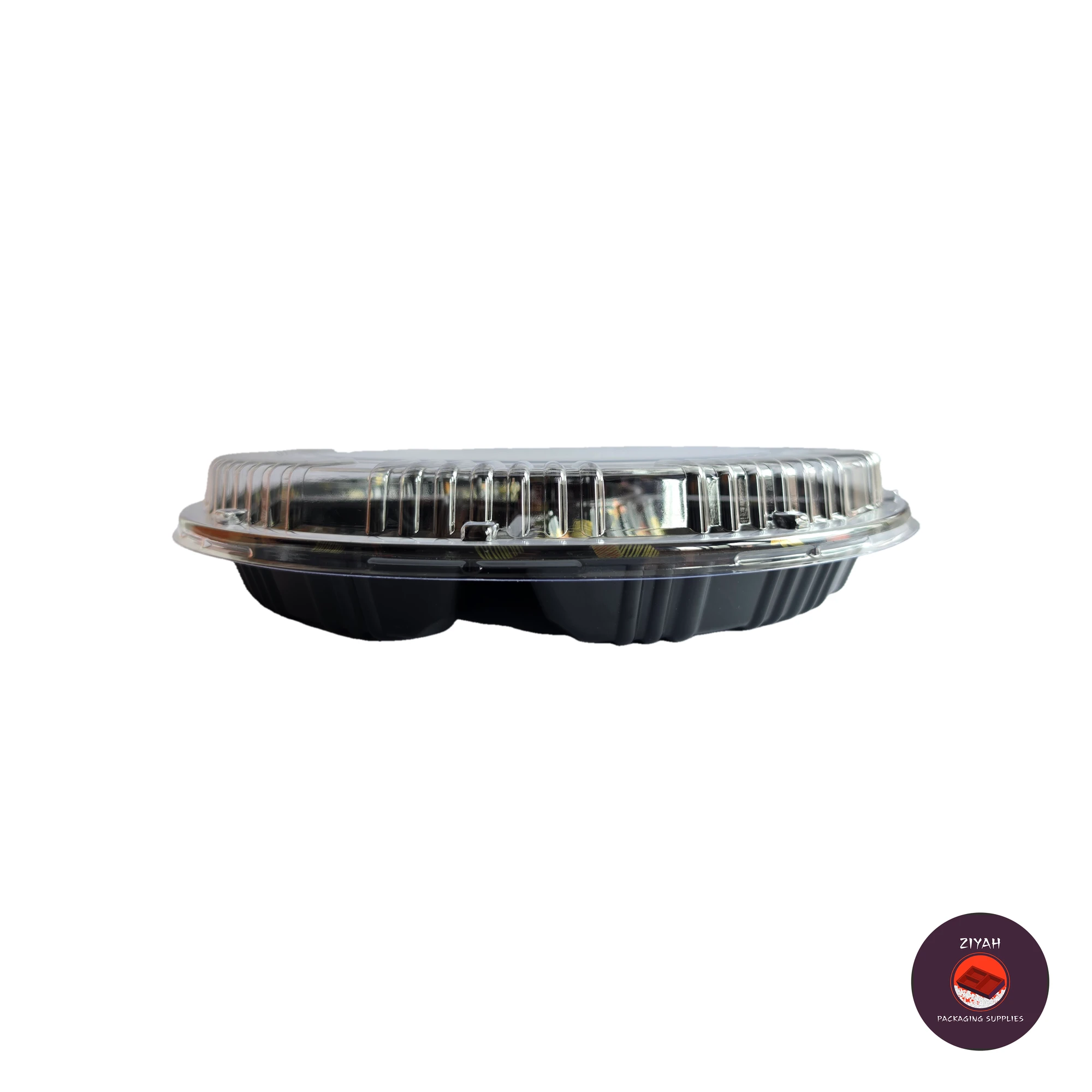 14" Round Sushi Tray with Division (Round Sushi Trays, size 14" diameter · with division · Tray H 1" · Lid H 1") — flat view. Food-grade packaging for sale in the Philippines | Ziyah Packaging Supplies