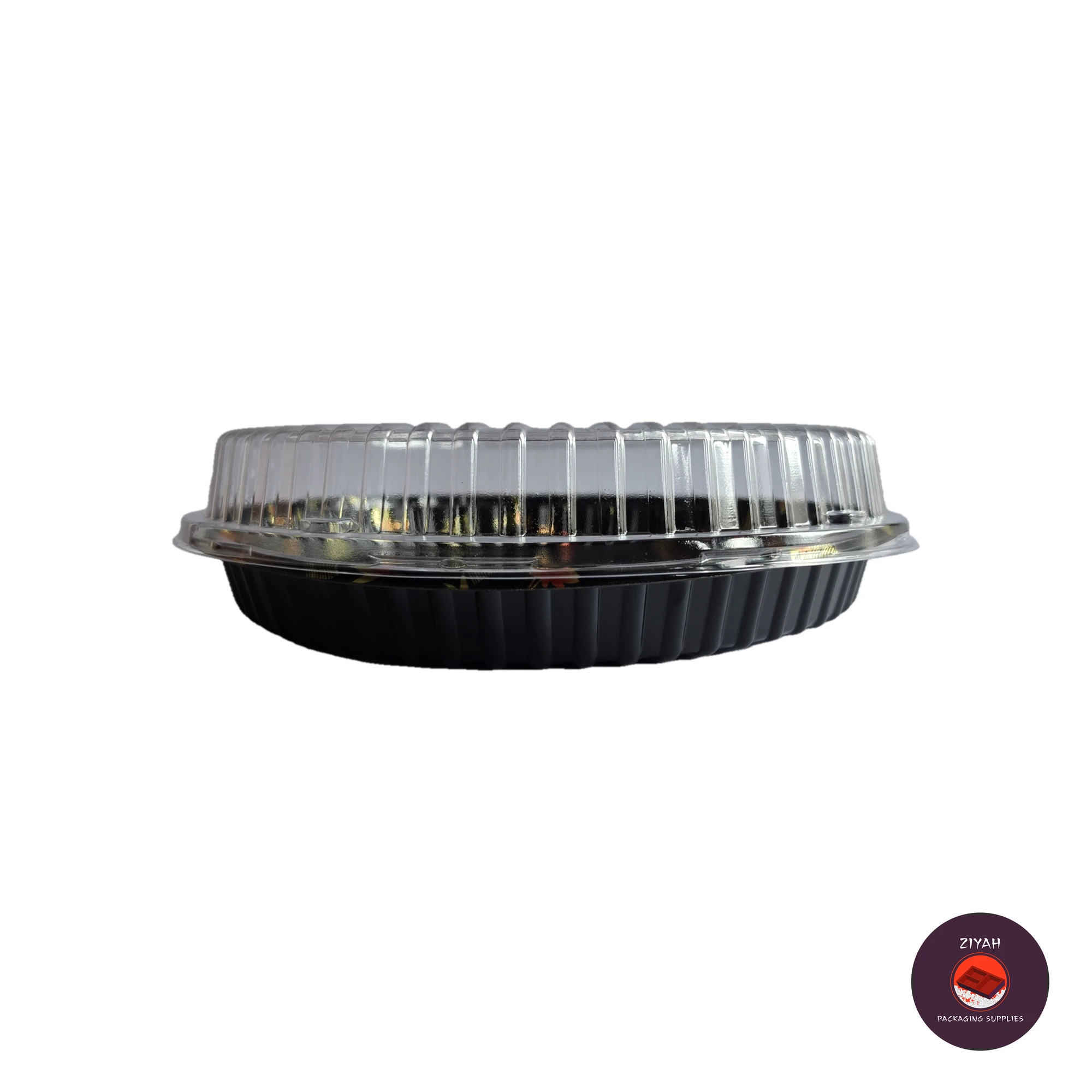 11" Round Sushi Tray with Lid (Round Sushi Trays, size 11" diameter · Tray H 1" · Lid H 1") — flat view. Food-grade packaging for sale in the Philippines | Ziyah Packaging Supplies