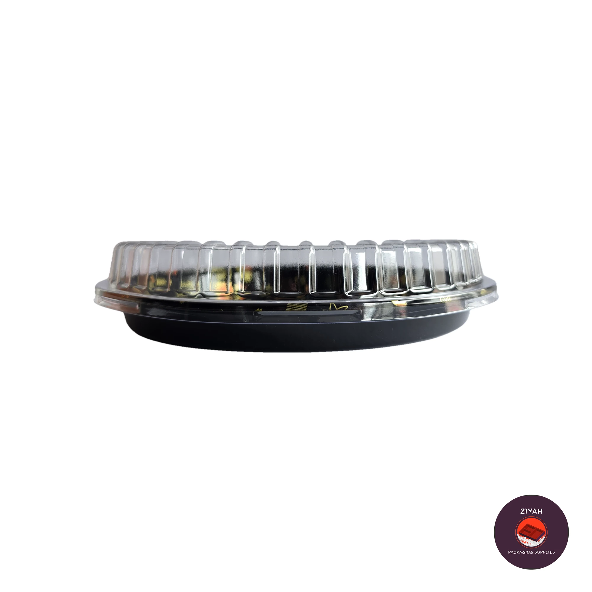 12" Round Sushi Tray with Lid (Round Sushi Trays, size 12" diameter · Tray H 1" · Lid H 1") — flat view. Food-grade packaging for sale in the Philippines | Ziyah Packaging Supplies