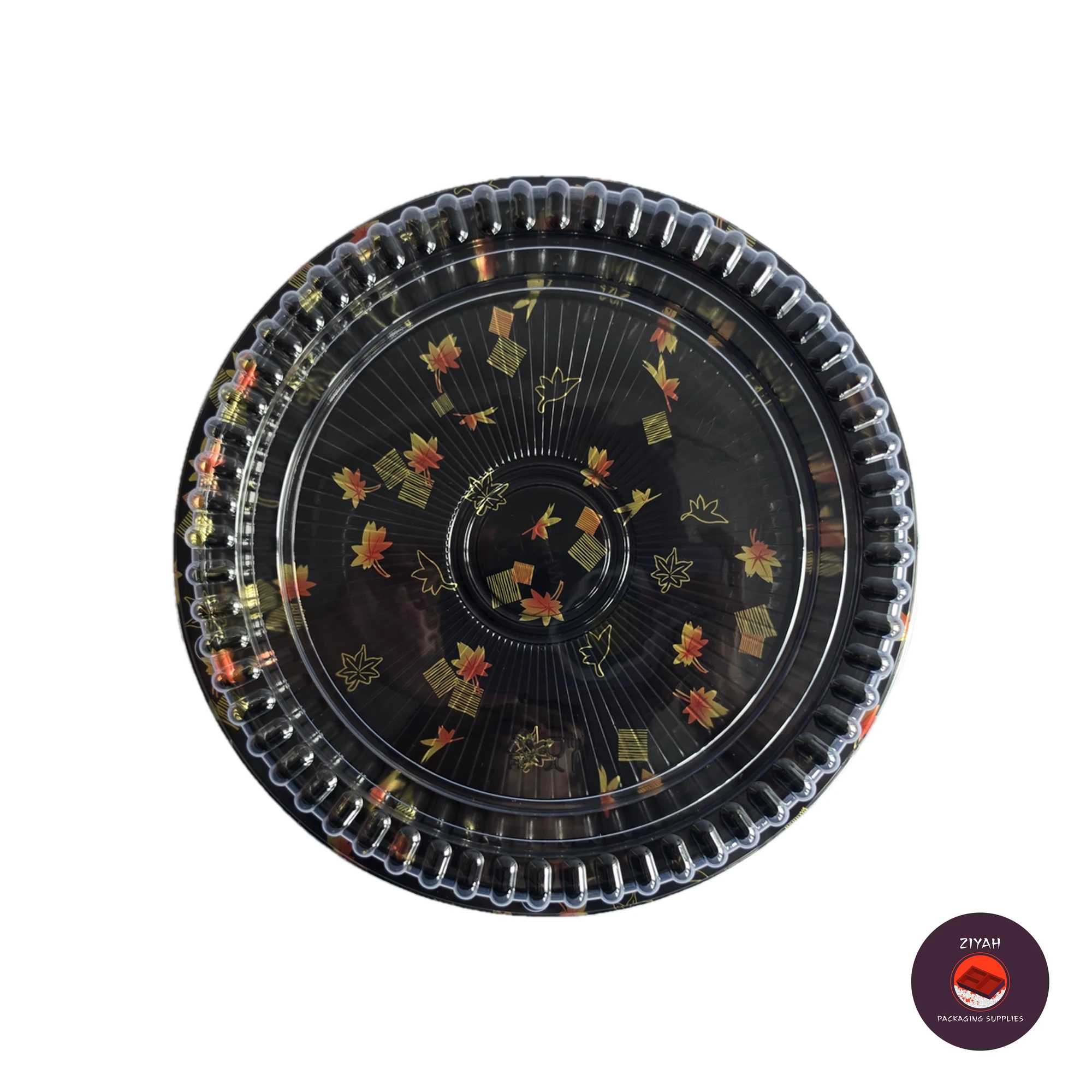 9.5" Round Sushi Tray with Lid (Round Sushi Trays, size 9.5" diameter · Tray H 1" · Lid H 1") — top view. Food-grade packaging for sale in the Philippines | Ziyah Packaging Supplies