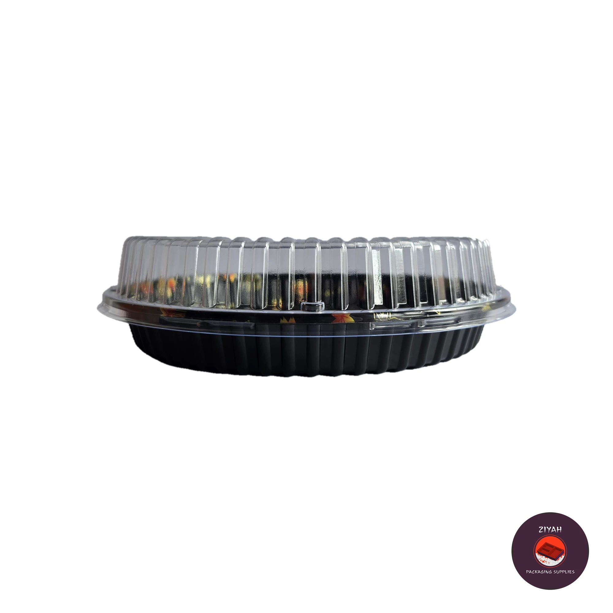 9.5" Round Sushi Tray with Lid (Round Sushi Trays, size 9.5" diameter · Tray H 1" · Lid H 1") — flat view. Food-grade packaging for sale in the Philippines | Ziyah Packaging Supplies