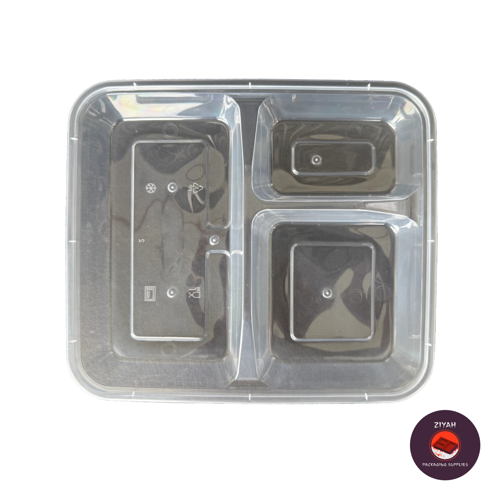 3 Division Hard Bento Box (Clear) (Hard Bento Clear, Clear color, size 1000ml · 20.95 × 17.78 × 3.81 cm) — product photo 1. Food-grade packaging for sale in the Philippines | Ziyah Packaging Supplies
