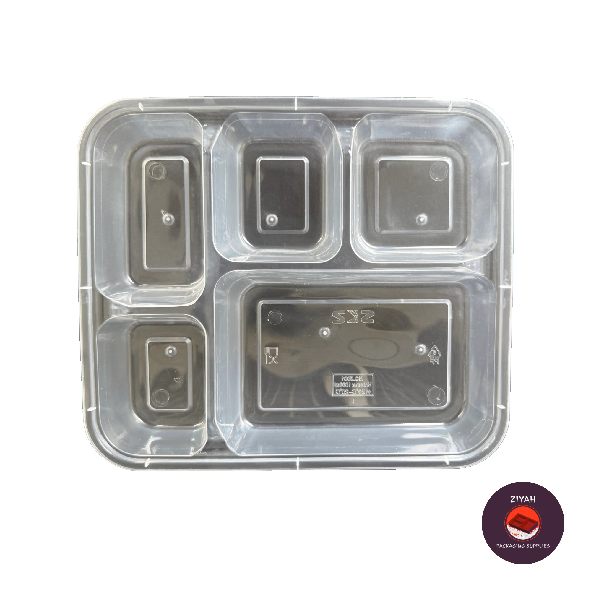 5 Division Hard Bento Box (Clear) (Hard Bento Clear, Clear color, size 1000ml · 20.95 × 17.78 × 3.81 cm) — product photo 5. Food-grade packaging for sale in the Philippines | Ziyah Packaging Supplies