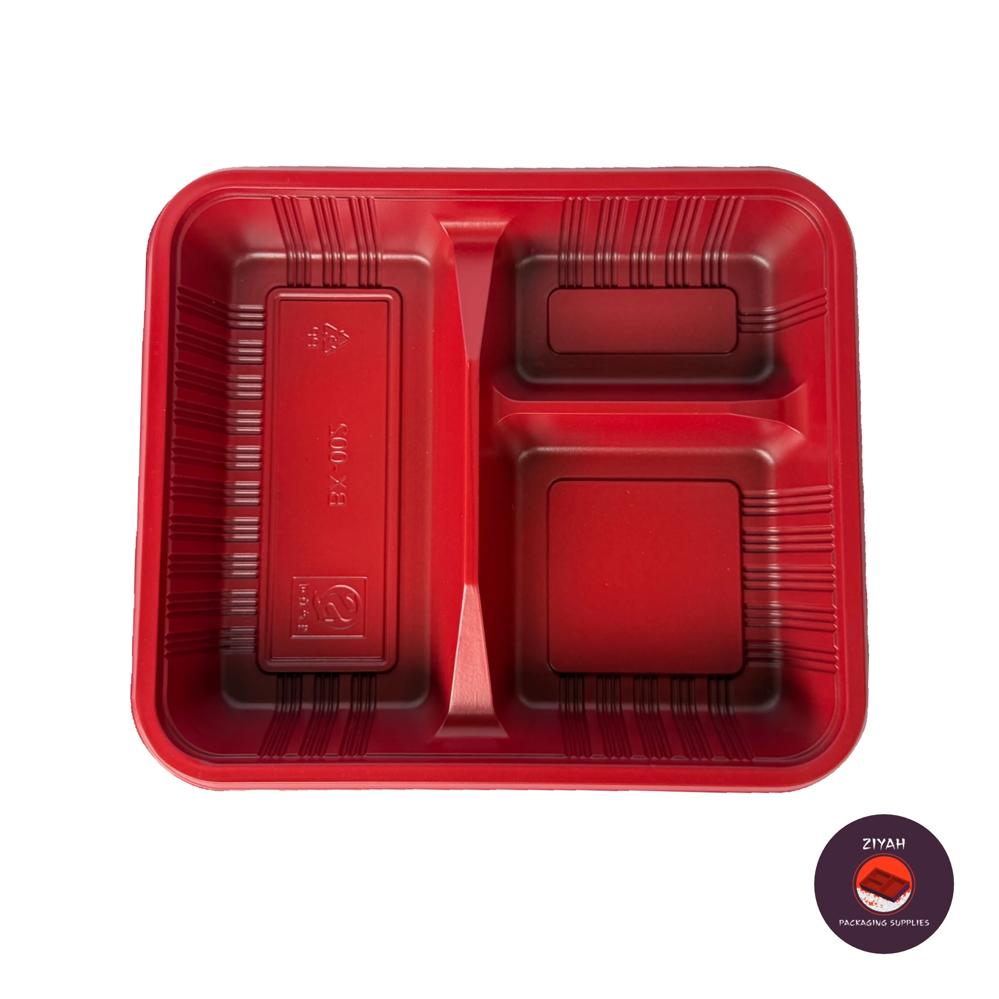 3 Division Bento Box (Bento Boxes, Red & Black color, size 22.5 × 19.5 × 3.5 cm) — product photo 1. Food-grade packaging for sale in the Philippines | Ziyah Packaging Supplies