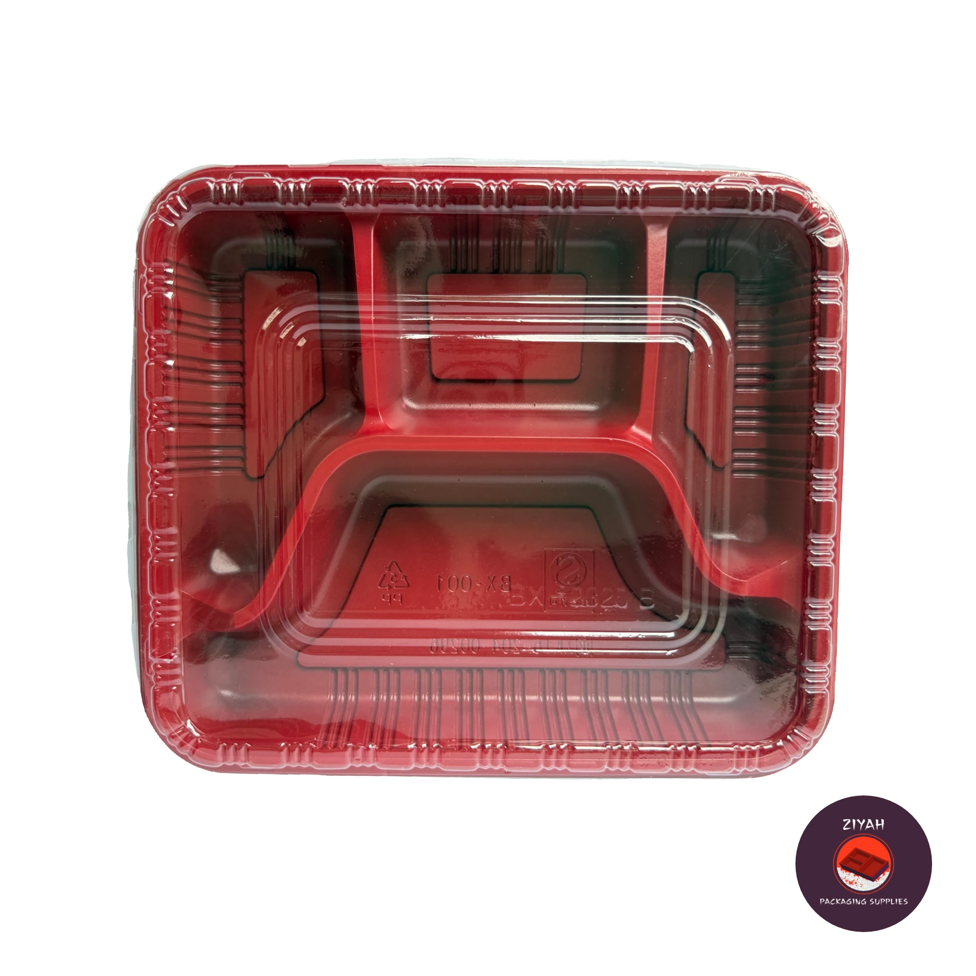 4 Division Bento Box (Bento Boxes, Red & Black color, size 22.5 × 19.5 × 3.5 cm) — product photo 1. Food-grade packaging for sale in the Philippines | Ziyah Packaging Supplies