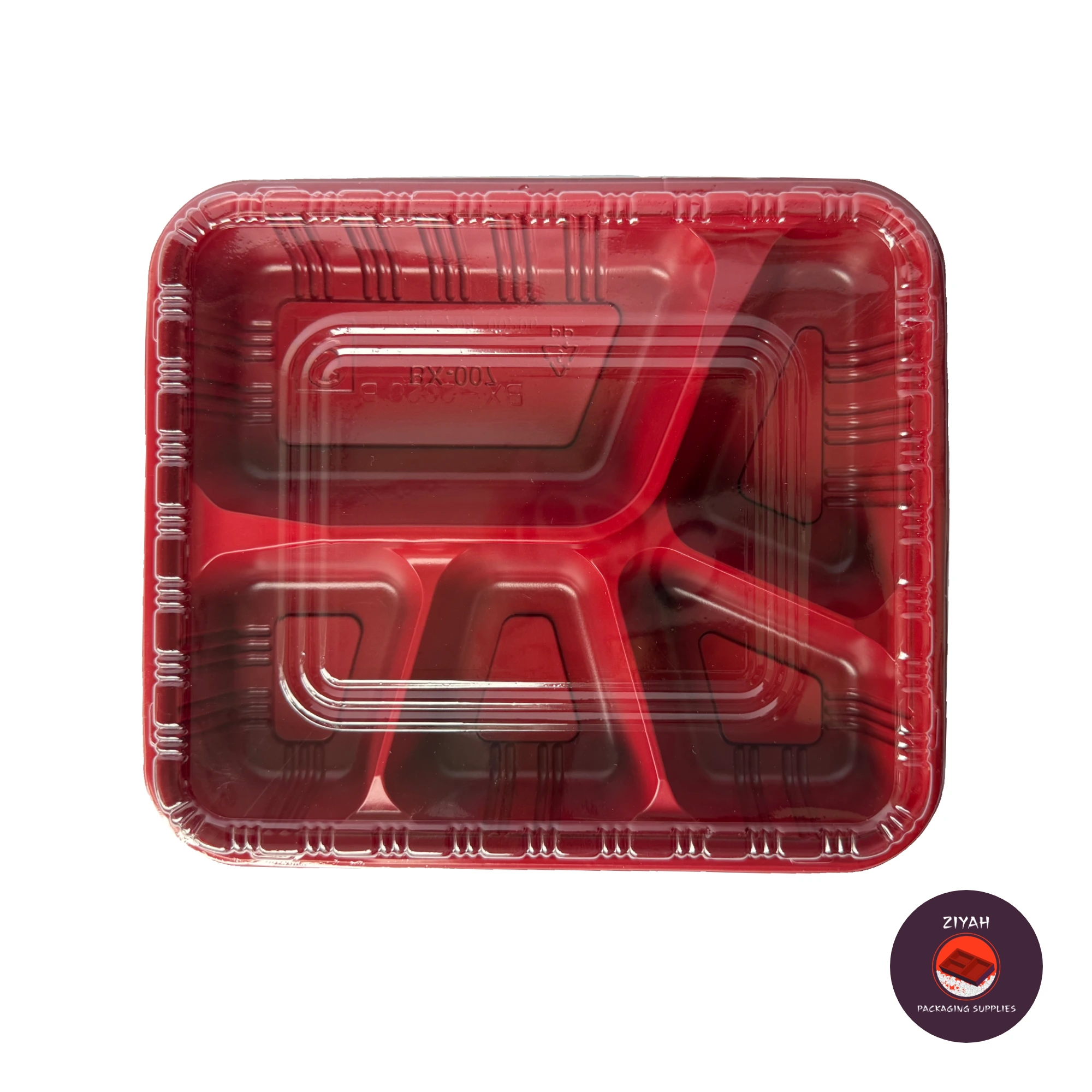 5 Division Bento Box (Bento Boxes, Red & Black color, size 22.5 × 19.5 × 3.5 cm) — product photo 1. Food-grade packaging for sale in the Philippines | Ziyah Packaging Supplies